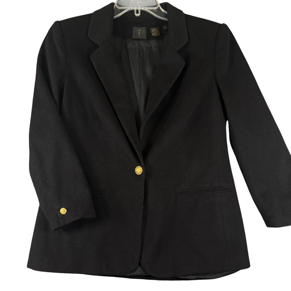 MAG Magaschoni Black Wool Cashmere Blazer Size 10 Gold Crest Buttons